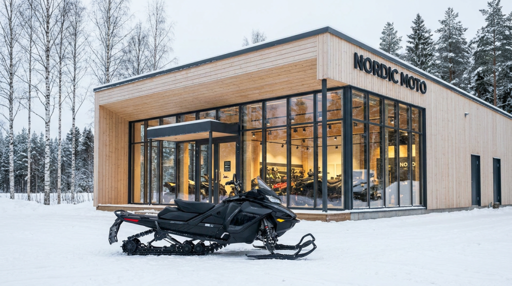 Moderna snöskotrar uppställda utanför en auktoriserad återförsäljare av snöfordon under vintern